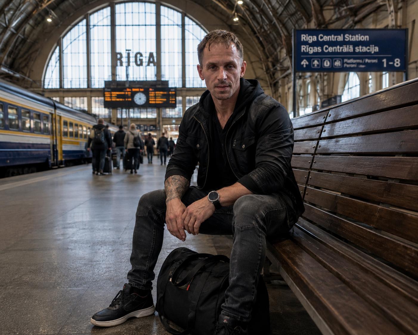 Sergei Šarašenidze sitting on a wooden bench at Riga Central Station, a duffel bag at his feet