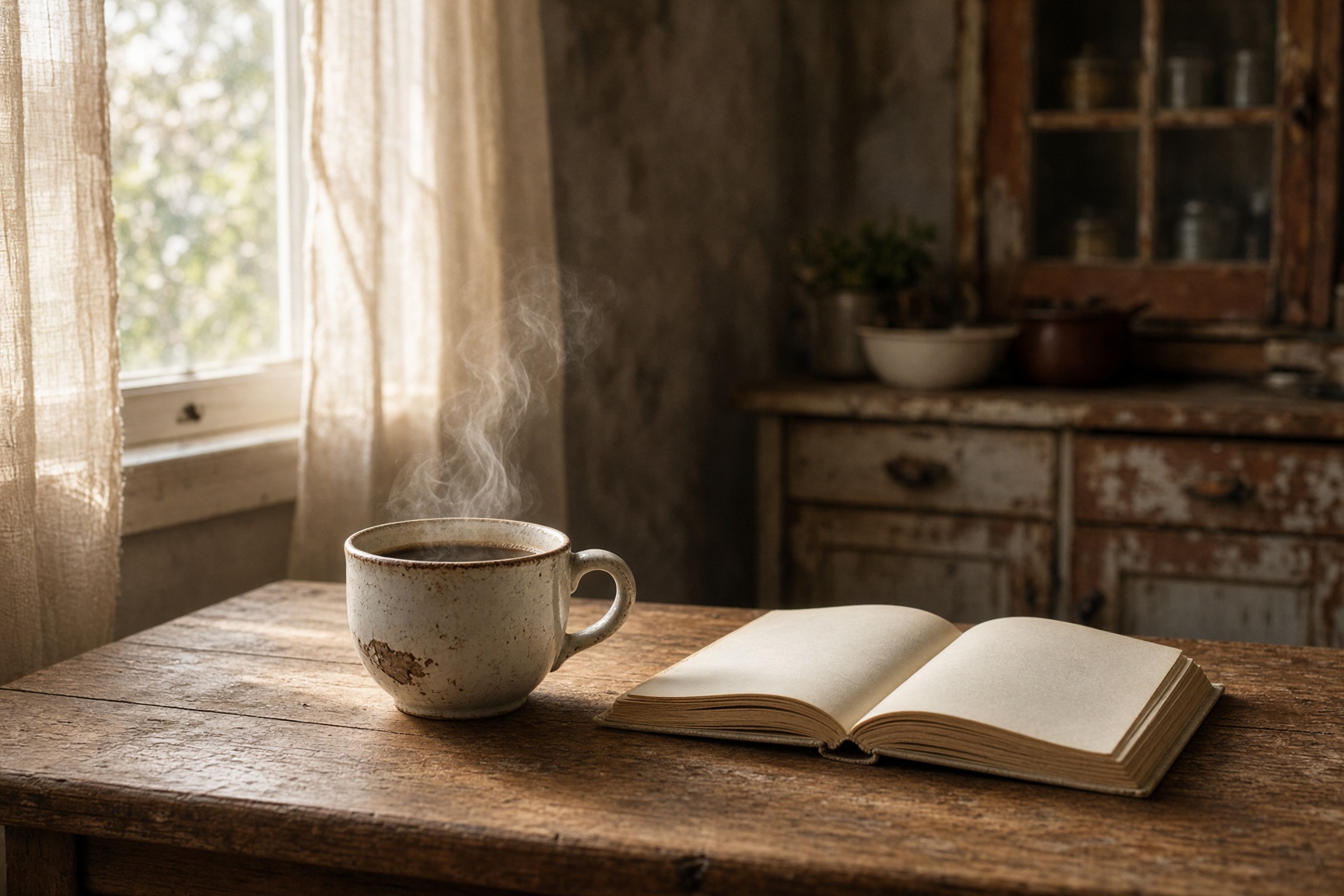 Morning light on a kitchen table with a book and a cup of coffee